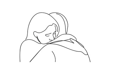 Line drawing of two women embracing comfort support friendship