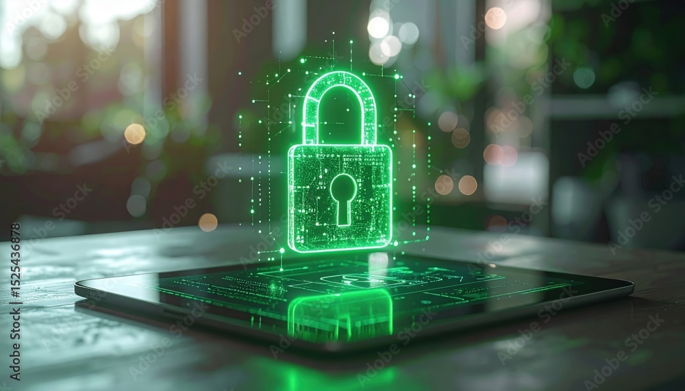 Poster digital security lock icon glowing on tablet screen representing cybersecurity protection and data p