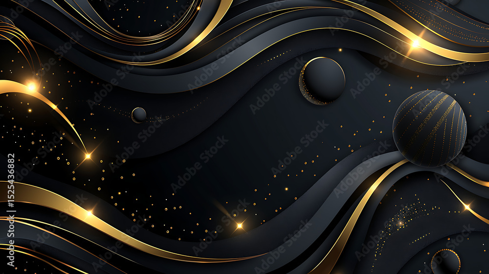 Poster a luxurious abstract background featuring black and gold waves, spheres, and sparkling elements crea