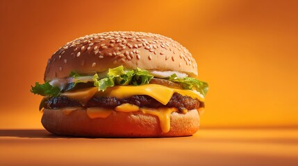 Juicy Hamburger with Sesame Bun, Melted Cheese, and Lettuce on Orange Background – Dramatic Food Photography, Food photography of a perfectly assembled burger 