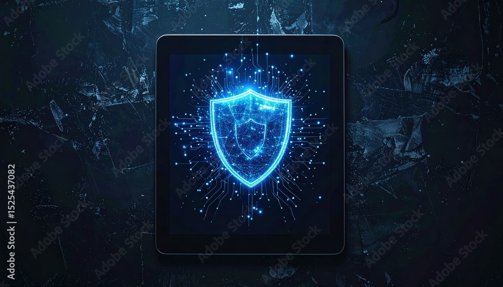 Poster digital shield icon on tablet screen representing cybersecurity protection technology and data secur