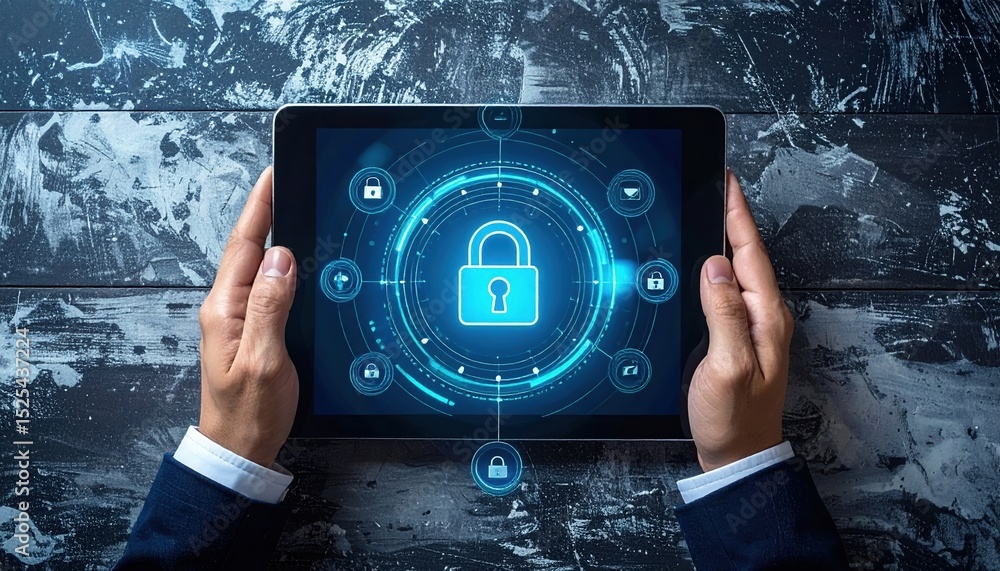 Aufkleber technological security and data privacy concept featu a person holding a digital tablet with a lock 