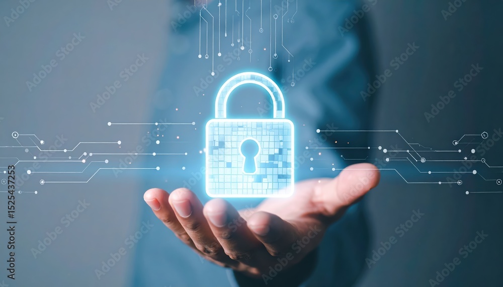 Poster modern digital security concept with a glowing padlock symbol floating above a person's hand represe