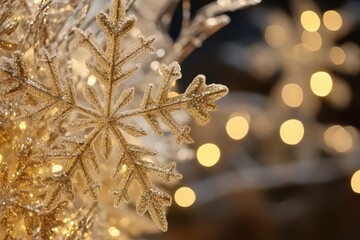 Sparkling golden snowflakes create a magical Christmas atmosphere in a cozy setting, Christmas snowflakes background