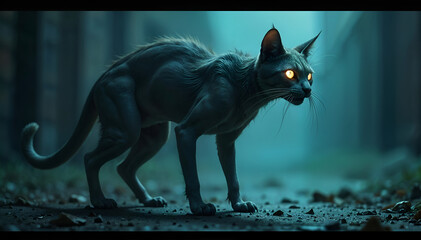 A scary-looking cat emerges from the darkness, its intense eyes glowing against a black background, creating a mysterious and eerie atmosphere.