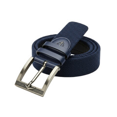 New, pristine navy blue canvas belt with a polished metal anchor buckle, showing fine texture, isolated on a plain white studio background with no cast shadows. Concept for product display