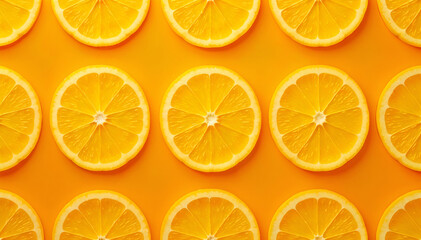 Obraz premium A seamless pattern of fresh orange slices on a vibrant orange background, creating a lively and zesty citrus-themed design.
