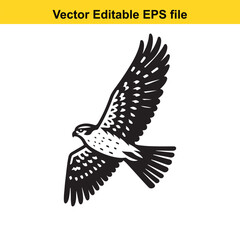 A majestic hawk in flight, depicted in a vintage woodcut style, perfect for wildlife illustrations or logo design.