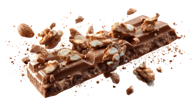 A chocolate bar with nuts on it is shown with a lot of crumbs