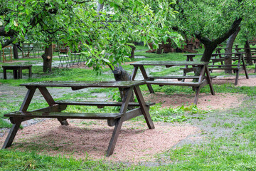Wet wooden tables in the garden under the trees after rain. Recreation area