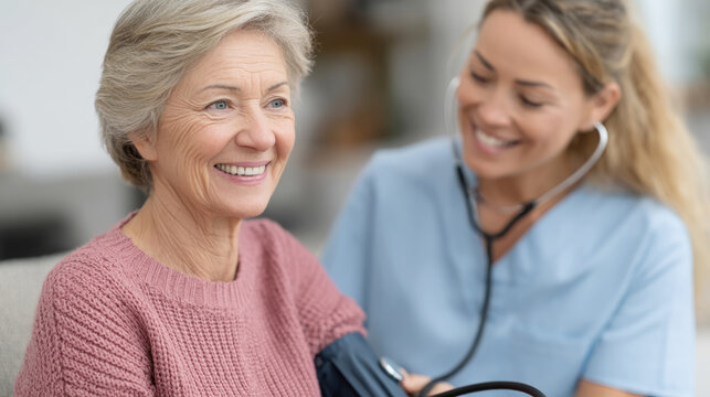 Elderly caucasian woman receiving blood pressure check from female nurse