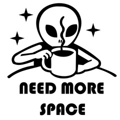 A playful black and white illustration of an alien enjoying a hot cup of coffee. 