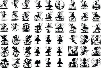 Fairy Sitting on Mushroom Silhouette – Magical Fantasy Design Set Enchanted Fairy on Mushroom Silhouette – Whimsical Vector Art Collection