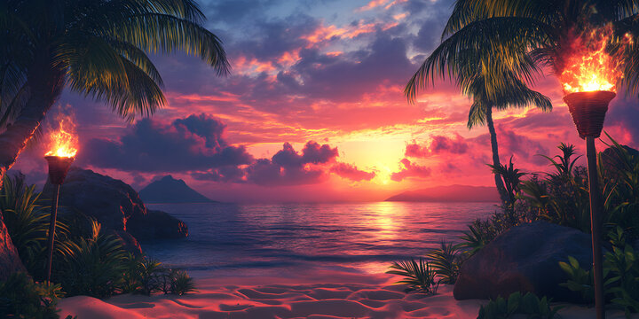 Tropical Sunset Scene with Tiki Torches at a Hawaii Luau Party in Maui with Dramatic Clouds and Beach Landscape
