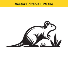 A black and white vector illustration of a rat in the grass