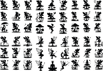 Fairy Sitting on Mushroom Silhouette – Magical Fantasy Design Set Enchanted Fairy on Mushroom Silhouette – Whimsical Vector Art Collection