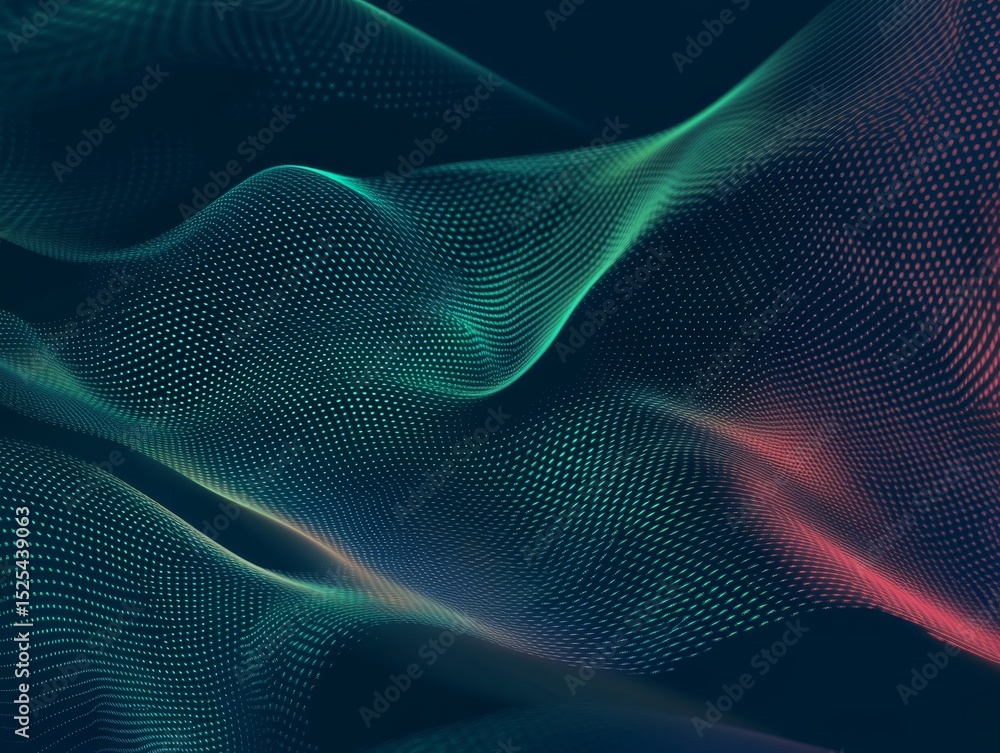 Poster abstract teal and red dotted wave, data visualization, particle flow data visualization, abstract ar