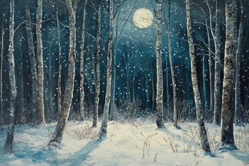 Winter woodland landscape with snowflakes falling under moonlight at night, Winter Woodland With Snow Falling In The Moonlight