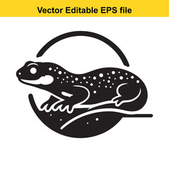 A black and white vector illustration of a gecko in a circle
