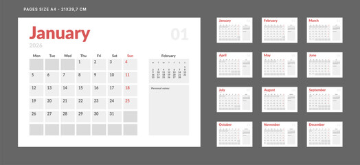 2026 Calendar Planner Set of Template 12 Monthly Page for Company or Personal use. Vector layout of a wall or desk organizer with week start Monday for print. Page for size A4-21x29.7cm