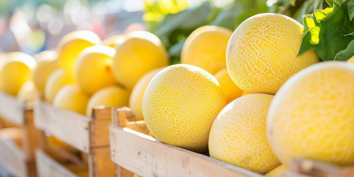 Yellow melons in wooden crate at summer farmer market. Fresh cantaloupe harvest display. Local produce for sale. Image for banner, poster, wallpaper. Outdoor market stall