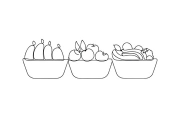 Line drawing of three bowls of fruit apples bananas pears