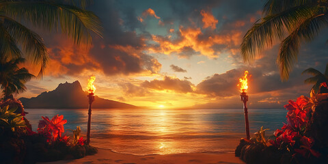 Tropical Sunset Scene with Tiki Torches at a Hawaii Luau Party in Maui with Dramatic Clouds and Beach Landscape