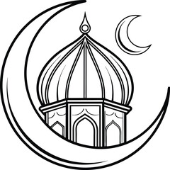 Camping tent silhouette, crescent moon icon, outdoor night vector, simple camp scene, black nature design