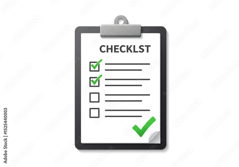 Poster a checklist on a clipboard with green check marks indicating completed tasks and some tasks remainin