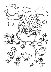 rooster and chicks, papa and baby chicken, coloring book, coloring page