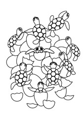 turtles hatching from eggs, coloring book for children
