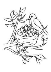 bird nest on a branch, set of birds, coloring book, coloring page