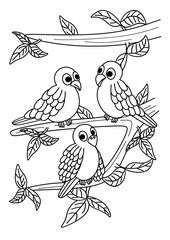 birds on branch, set of birds, coloring book, coloring page