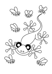 gecko and flies, coloring book, coloring page