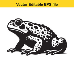 A black and white vector illustration of a frog, featuring detailed texture and bold outlines, suitable for various design projects.
