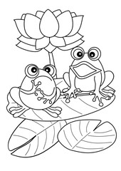 frog on a lotus leaf, lotus flower, coloring book, coloring page