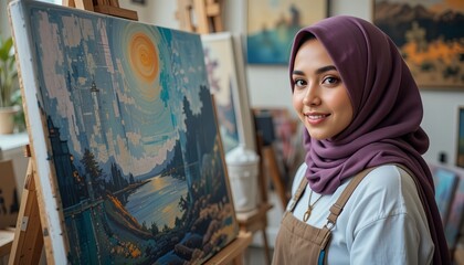 Hijabi Muslim woman artist and small business owner in colorful home studio