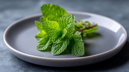 Fresh Mint Leaves on a Gray Plate
