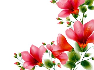 Fototapeta premium Beautiful Pink Floral Corner Decoration Vector, Transparent Background, for Web Design and Print Projects with Green Leaves, Romantic Style