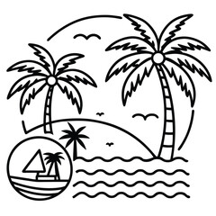Tropical island beach with palm trees at sunset in vector illustration style