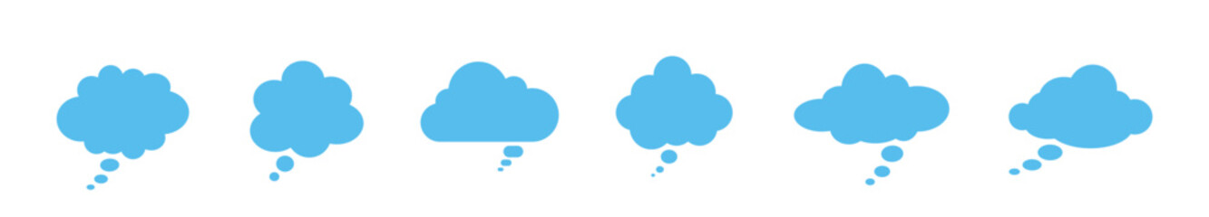 A set of blue speech bubbles on a white background. A chat window for commenting on messages. Blue clouds. Vector illustration.