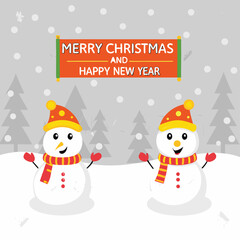 Festive Snowmen with Merry Christmas and Happy New Year Banner Illustration