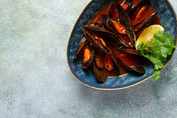 mussels in tomato sauce, homemade, no people,