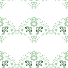 Delicate green squirrel pattern with intricate floral details on white background, perfect for textiles, wallpapers, or children’s decor in a woodland or fairytale theme