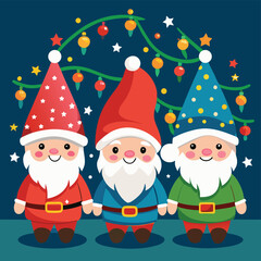 Three Christmas Gnomes with a Decorated Tree on a Dark Blue Background