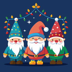 Three Christmas Gnomes with Festive Lights on a Dark Blue Background