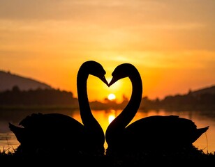 Naklejka premium Swans facing each other at sunrise