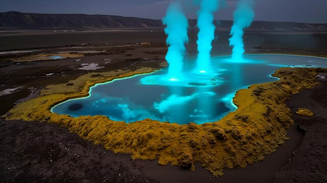 A beautiful blue and green lake with steam coming out of it