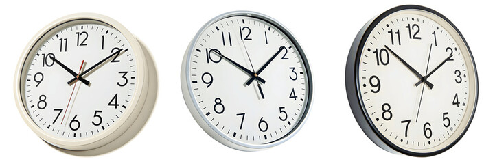 Three round clocks with different colored frames isolated