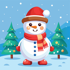 Cute Cartoon Snowman with Scarf and Hat in Winter Landscape